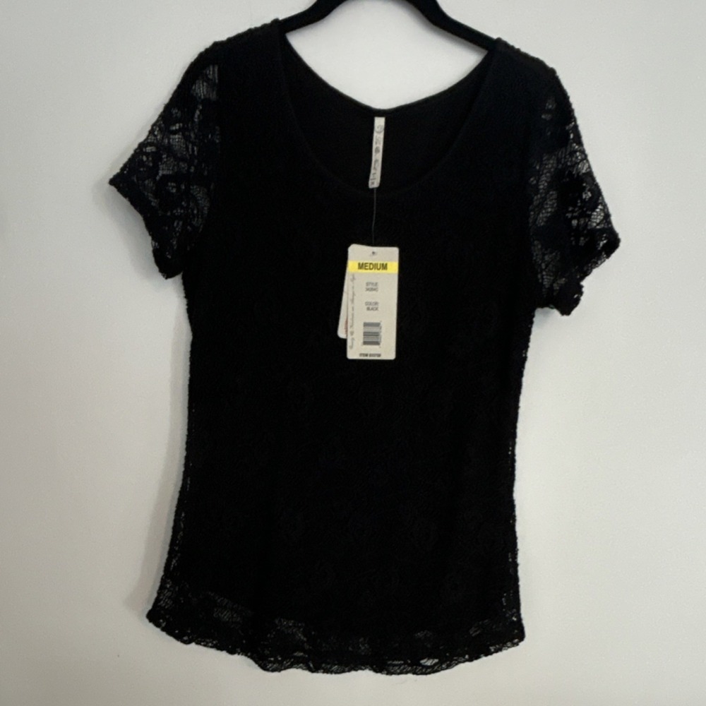 Leo & Nicole New Lace Scoop Neck Short Sleeve Women's Blouse Black Pullover M